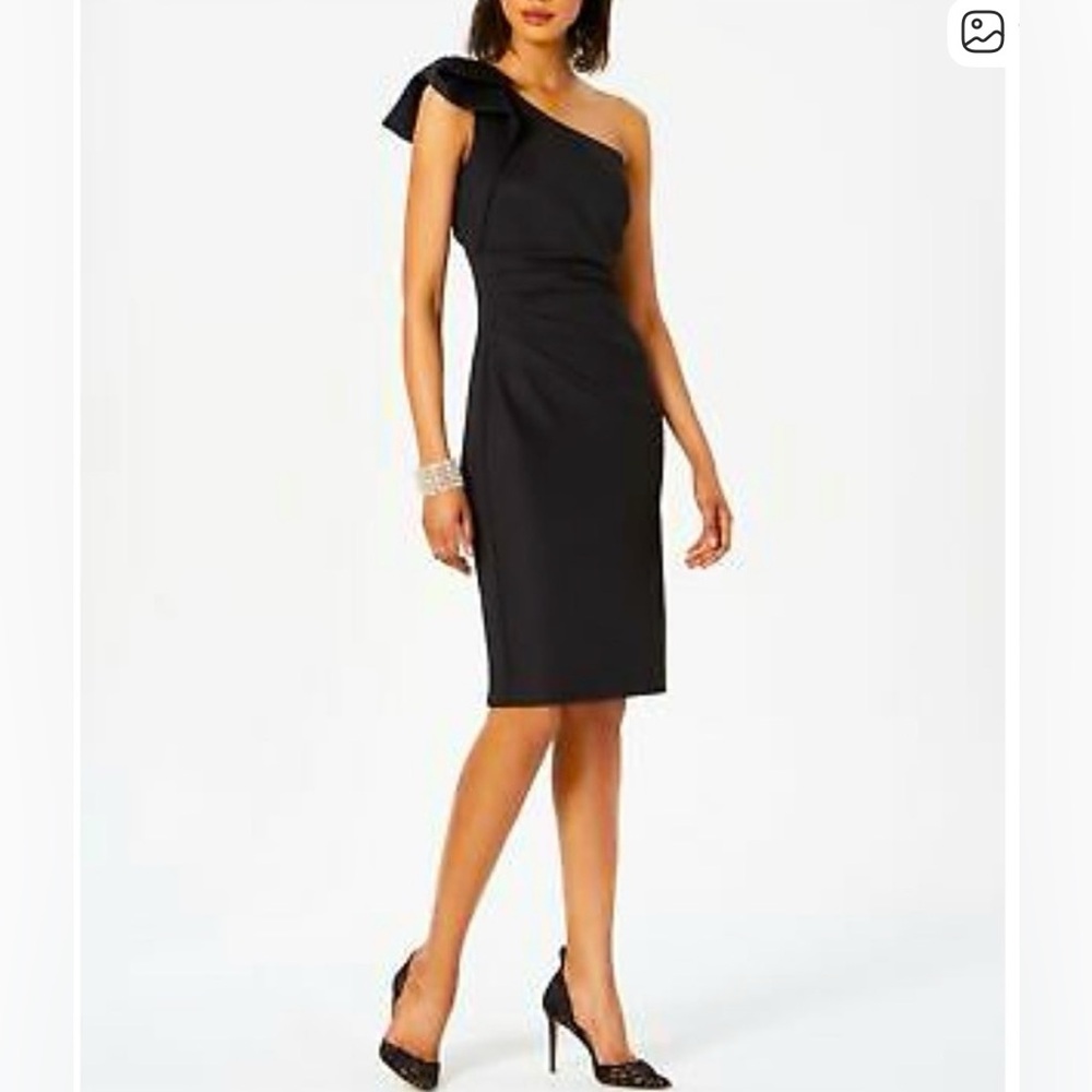 Jessica Howard Elegant Black One-Shoulder Sheath Midi Dress
